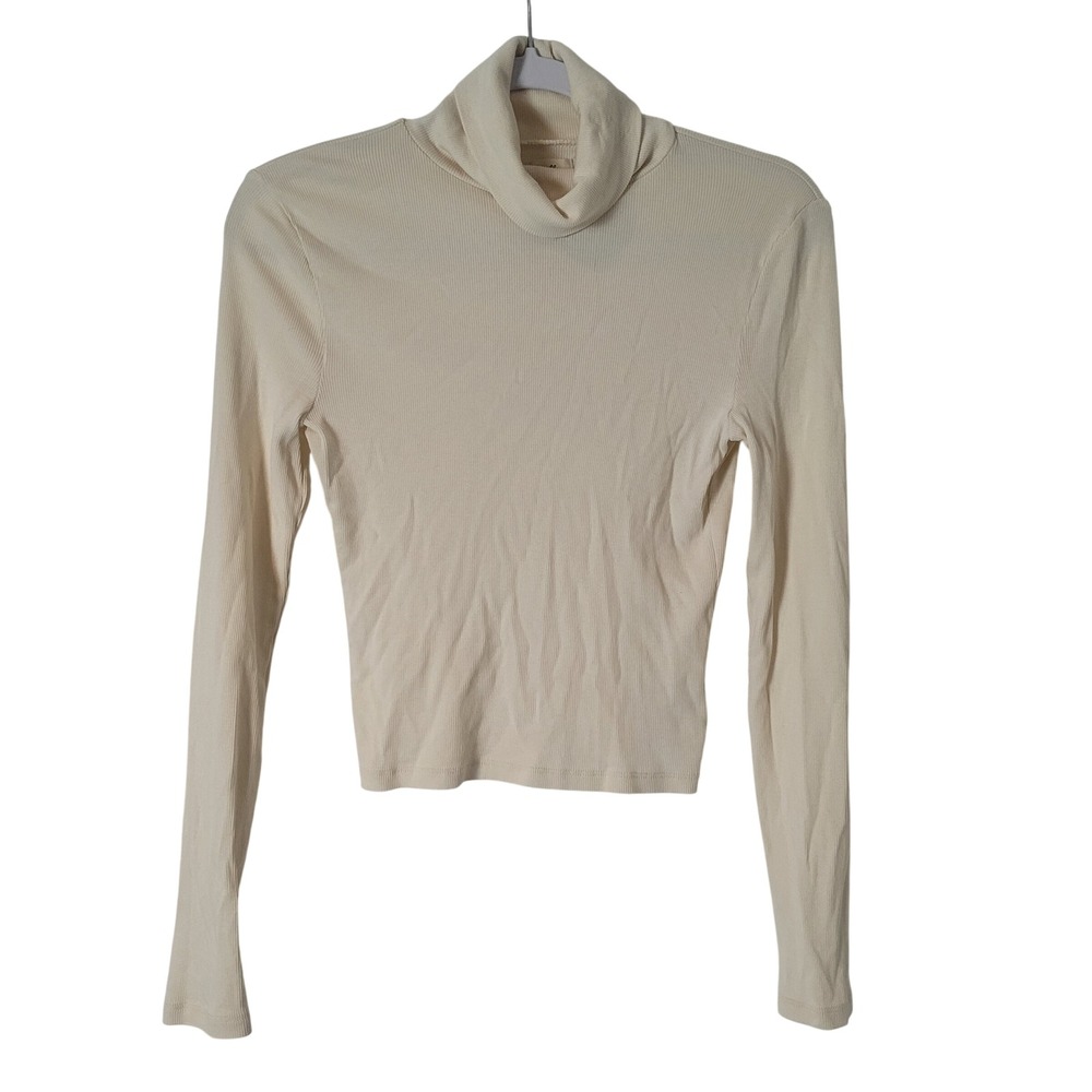 Madewell Women Ribbed Turtleneck Top Cream Long Sleeve Cotton Modal Size Medium